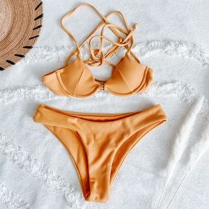 Mustard yellow ribbed underwire bikini set